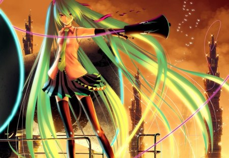 Hatsune Miku - bird, anime, vocaloid, female, hatsune miku, night, green hair, light, long hair, superstar, sparks, sky, idol, realistic, twintails, tower, singer, girl, cg, glow, miku, diva, 3d, anime grl, vocaloids