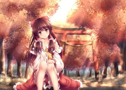 Hakurei Reimu - anime, female, forest, long hair, shrine, touhou, ribbon, reimu, hakurei reimu, brown eyes, anime girl, hot, girl, brown hair, tree, cute, sexy