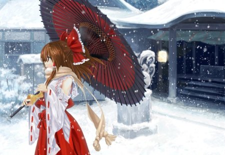 Shrine Winter - cute, freeze, hakurei reimu, hot, anime girl, girl, umbrella, white, ribbon, 3d, touhou, winter, cool, shrine, brown hair, anime, cg, long hair, reimu, building, brown eyes, sexy, female, house, ice, realistic, snow