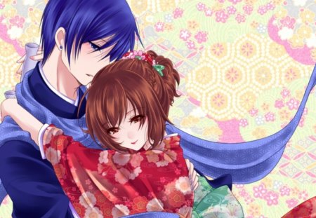 Kaito ♡ Meiko - pretty, female, romantic, blossom, romance, happy, blue hair, abstract, hot, beauty, kimono, love, yukata, cute, sexy, vocaloid, anime, elegant, meiko, boy, male, short hair, gorgeous, hug, beautiful, lovely, brown hair, sweet, smile, handsome, lover, vocaloids, couple