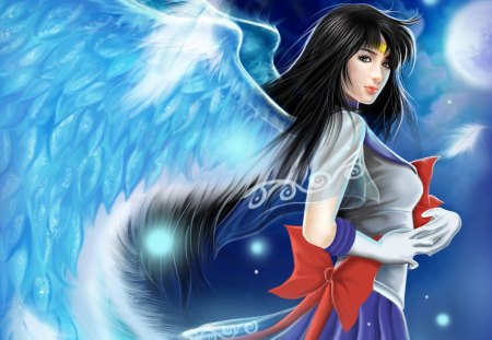 Saturn Wings - anime, female, wing, angel, light, long hair, sailor moon, sailor saturn, ribbon, sparks, moon, anime girl, sailormoon, realistic, skirt, hot, girl, feather, cg, glow, fantasy, magical girl, wings, black hair, cute, 3d, sexy