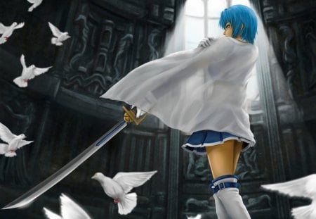 Miki Sayaka - realistic, mahou shoujo madoka magica, dove, female, hot, wings, anime girl, blade, window, anime, feather, house, sword, short hair, sexy, skirt, girl, magical girl, miki sayaka, light, bird, cg, blue hair, pigeon, 3d, wing, weapon