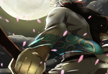 Sakata Gintoki - moon, anime, petals, gintoki, white hair, male, sakata gintoki, gintoki sakata, gin tama, weapon