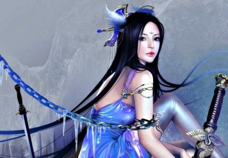 Vampire princess - Feimo, blue, dress, princess, brunette, art, korean, fighter, game, girl, chinese, sword, beauty, vampire, fantasy, woman, painting, asian, sexy, japanese