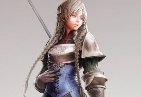 Anime Warrior - realistic, sexy, hot, girl, female, braids, long hair, simple, anime girl, armor, cg, plain, 3d, anime, cute