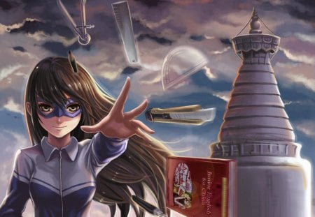 Stationery - realistic, sky, female, mask, hot, anime girl, tower, book, brown hair, penknife, cloud, stationery, anime, cute, sexy, girl, long hair, ruler, cg, 3d