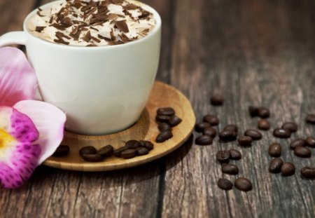 Coffee - board, coffee, petals, saucer, drinks, foam, cup