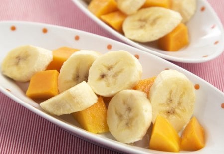 Fruits - banana, bowl, peaches, fruits, food