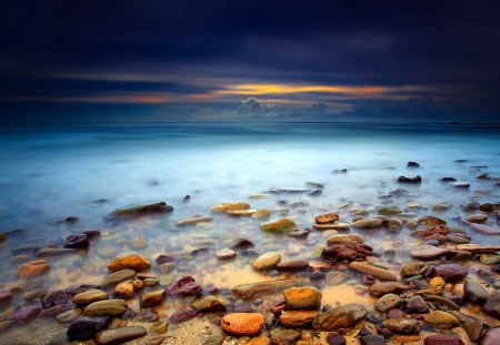 Sunset on the Beach - Sunset, Water, Rocks, Beach