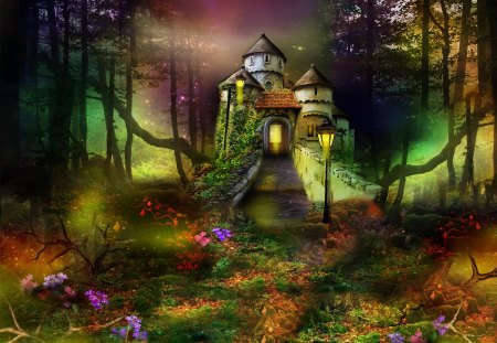 âœ°ELEGANT AT NIGHTâœ° - elegance, colorful, elegant, art, evening, lantern, cool, lamp, grass, dusk, adorable, light, resources, nature, woods, premade, forest, beautiful, backgrounds, leaves, trees, stock images, wilds, fantasy, spledor, electric post, rocks, vine, quiet, pretty, castle, magnificent, forests, night, ivy, lovely, splendor, flowers, colors