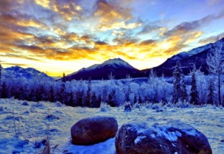 WINTER DUSK - nature, landscape, winter, mountains, sunset