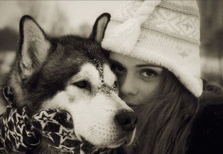 love my dog. - girl, dog, black and white, people