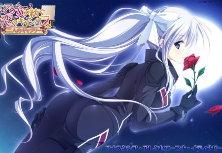 Anime - anime, moon, long hair, roses