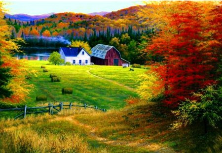 Summer village - nice, cottage, autumn, sky, slope, freshness, trees, peaceful, countryside, colorful, field, spring, view, quiet, pretty, calmness, houses, fence, summer, lovely, serenity, nature, village, woods, forest, beautiful, cabin