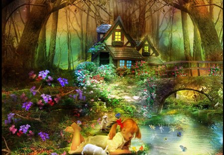 âœ°.A Q U A R I U M.âœ° - girls, models, people, animals, digital art, landscape, child, chic, nature, woods, beautiful, photoshop, backgrounds, sweet, fantastic, photomanipulation, trees, sweet home, water, fantasy, home, pretty, fishes, house, bridge, cute, forests, aquarium, good ideas, kids, creative, imaginations, creations, splendor, flowers