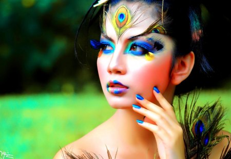 PRETTY PEACOCK - beauty, hands, girl, peacock feathers, lips, female, hair, eyes, make-up, eyelashes, model, makeup, face, manicure, hands manicure