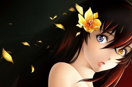 Flower Beauty - beauty, girl, yellow, blue, anime, long hair, flower, gold