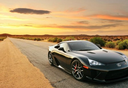 lexus lfa on desert highway - black, highway, car, desert