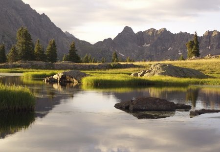 stark mountains reflection in lake - lake, mountains, reflection, stark, grass