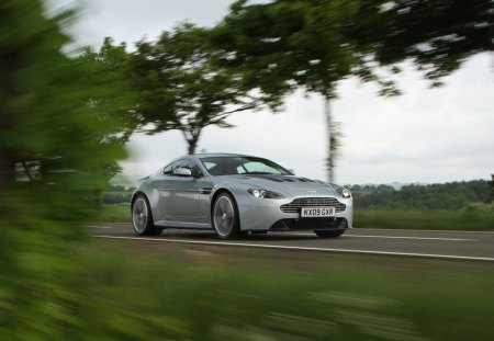 aston martin - speed, asron martin, road, tree