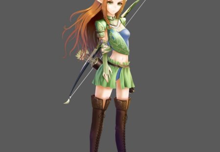 Elf Archer - anime, female, long hair, arrow and bow, armor, bown hair, plain, weapon, nice, yellow eyes, anime girl, realistic, archer, beautiful, hot, girl, simple, beauty, lovely, sweet, arrow, elf, cg, cute, 3d, sexy, bow