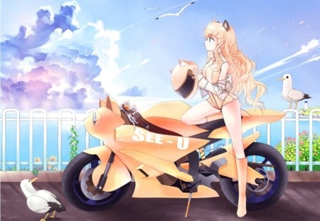 Neko Bike - bird, anime, vocaloid, female, scenery, scene, nekomimi, light, long hair, bike, view, sky, motorbike, motorcycle, neko, anime girl, water, hot, girl, sea, scenic, seeu, ocean, neko mimi, cloud, cute, sexy, vocaloids