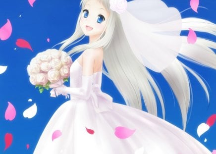 Sweet Bride - pretty, anime, elegant, divine, female, blossom, dress, wed, long hair, sublime, happy, gorgeous, nice, blue eyes, veil, bride, gown, anime girl, hot, wedding, girl, lovely, sweet, flower, petals, bouquet, smile, white, cute, floral, sexy