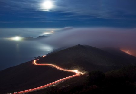 night time mountain drive - night, drive, mountain, lights