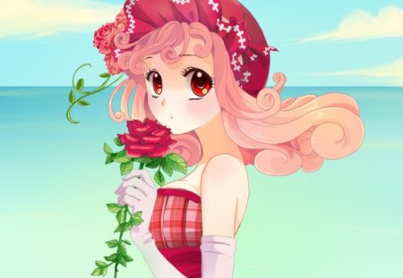 Lady Rose - nice, beauty, sky, female, cap, hot, anime girl, rose, red eyes, pretty, cloud, anime, cute, sexy, girl, long hair, lovely, floral, beautiful, blossom, sweet, flower, dress