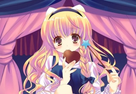 Choco Love - pretty, anime, heart, kawaii, female, long hair, touhou, nice, anime girl, girl, chocolate, Kirisame Marisa, lovely, love, sweet, braids, cute