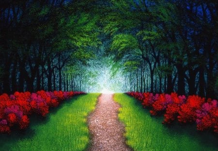 Forest alley - pretty, trees, alley, magic, beautiful, splendor, beautigul, forest, dark, flowers, wonderful, colorful, red, green, tunnel