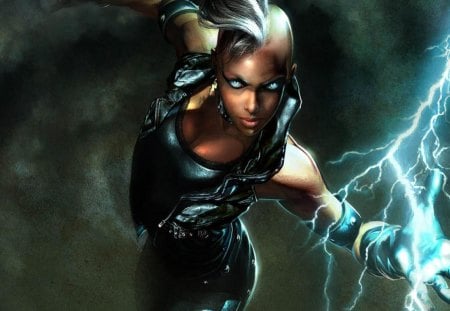 Storm - anime, x-men, electricity, female, mohawk, white hair, lightning, glowing eyes, blue eyes, storm, vest, xmen, games, video games, lone, x men, gloves