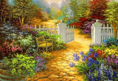 Rest in the garden - nice, beauty, trees, paradise, colorful, spring, painting, quiet, pretty, calmness, sunny, garden, relax, fence, gate, park, summer, lovely, serenity, nature, garden gate, alley, beautiful, rest, flowers, fall season