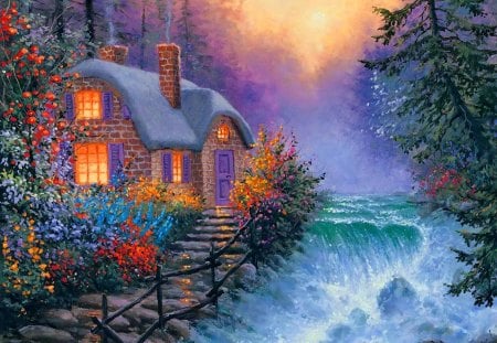 Rivers edge - stairs, cottage, riverbank, stream, sunset, waterfall, creek, cottages, river, falling, light, nature, forest, beautiful, cabin, sunrise, nice, edge, beauty, peaceful, creative pre-made, painting, calm, quiet, fall, pretty, calmness, house, paintings, rivers, attractions in dreams, shore, summer, lovely, serenity, village, love four seasons, scenery, flowers, colors