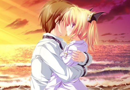 Konachan.com - 2389 beach blonde_hair clouds game_cg hug kiss magus_tale nina_geminis sky tenmaso - boy, girl, anime, love