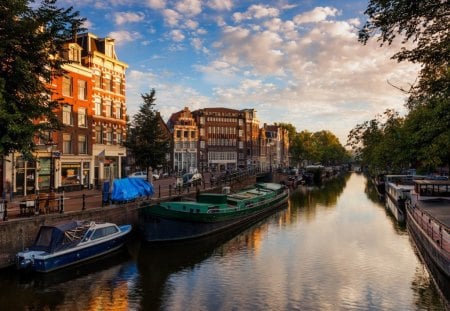 Amsterdam - sky, amsterdam, clouds, river, boat, city, nature, sk