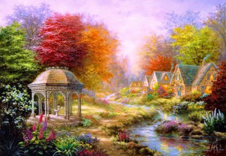 Gazebo village - nice, cottage, trees, paradise, riverbank, peaceful, water, stream, colorful, gazebo, spring, quiet, pretty, calmness, river, house, bridge, summer, dream, shore, lovely, serenity, nature, village, beautiful, cabin, flowers