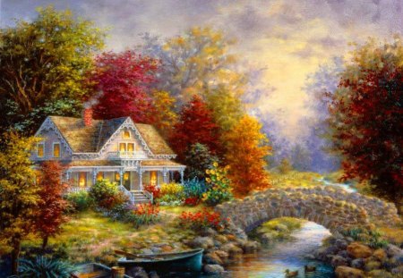 Cozy house - cottage, paradise, riverbank, stream, colorful, creek, spring, river, stone, swans, boats, nature, forest, beautiful, cabin, nice, beauty, sky, trees, peaceful, calm, painting, quiet, home, pretty, house, bridge, summer, lovely, serenity, village, ducks, cozy, lights