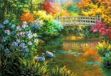 A wooden footbridge - pretty, quiet, footbridge, bushes, grass, reflection, calmness, flowers, swans, shore, lake, paradise, nice, beautiful, pond, lovely, colorful, river, wooden, painting, serenity, bridge