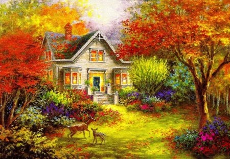 Autumn overture - nice, cottage, autumn, trees, peaceful, countryside, colorful, path, foliage, painting, fall, quiet, home, pretty, calmness, house, overture, falling, light, vilalge, lovely, serenity, forest, cozy, beautiful, cabin