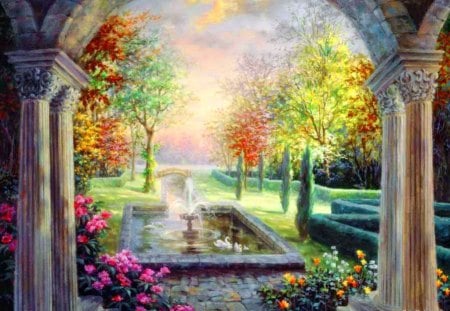 Garden tranquility - pretty, quiet, summer, fountain, spring, alleys, calmness, flowers, garden, paradise, nice, art, beautiful, beauty, lovely, colorful, nature, tranquility, painting, arch, serenity, park