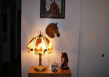 collection of horse items - horse lamp, horse head, collectables, horse picture