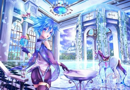 Anime - nice, hot, magic, water, wings, fantasy, view, pretty, castle, table, anime, house, cute, short hair, scene, palace, sexy, building, scenic, blue eyes, wet, lovely, blue hair, horse, blue, wing, animal, scenery, sweet, fairy