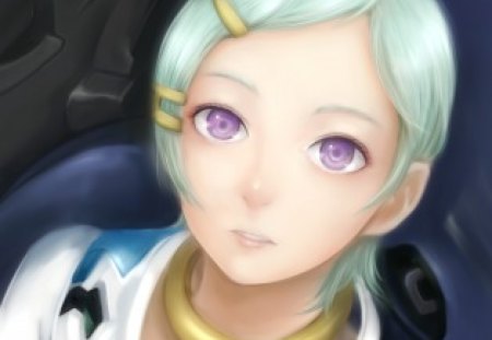 Eureka - eureka seven, anime, anime girl, female, realistic, hot, girl, green hair, purple eyes, short hair, cg, eureka, cute, 3d, sexy, close up