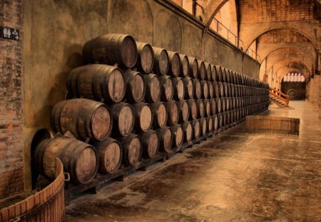 stack of wine barrels hdr - arches, barrels, brick, winery, hdr