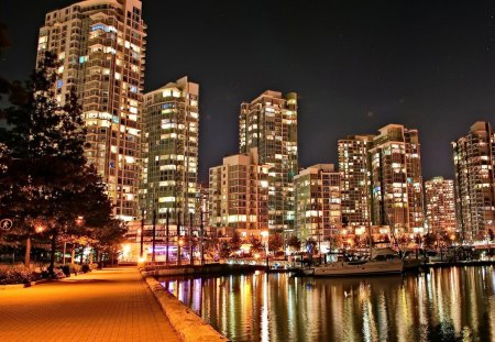 vancouver waterfront at night - marina, lights, watefront, city, night