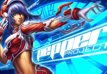 Pepper Project - mechanical, anime, magic, female, futuristic, robot, armor, short hair, blue hair, purple hair, blue eyes, bionic, anime girl, realistic, hot, girl, future, robotic, cg, fantasy, cute, 3d, sexy, machine