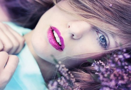 Field of Heather - dreamer, femininity, sensual, girl, eyes, beauty, lovely, seductive, flowers, lips, blondes, woman, lavander, face, fiel