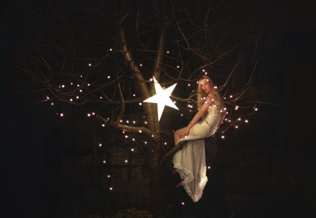 Sweet Night - star, magic, girl, sweet night, night, tree, dreams