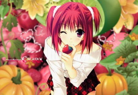 Strawberry Charm - pretty, anime, female, wink, long hair, red head, red hair, fruit, nice, anime girl, strawberry, realistic, hot, girl, lovely, sweet, pumpkin, flower, red eyes, cg, cute, 3d, floral, apple, sexy, vegetable